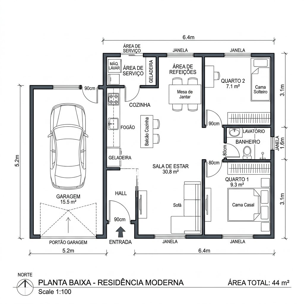 Planta 1 — 44m² — 2 dormitórios