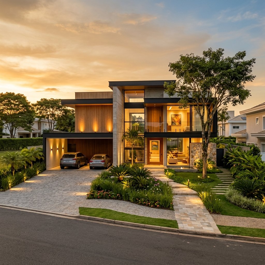 Casa ao entardecer com iluminação externa